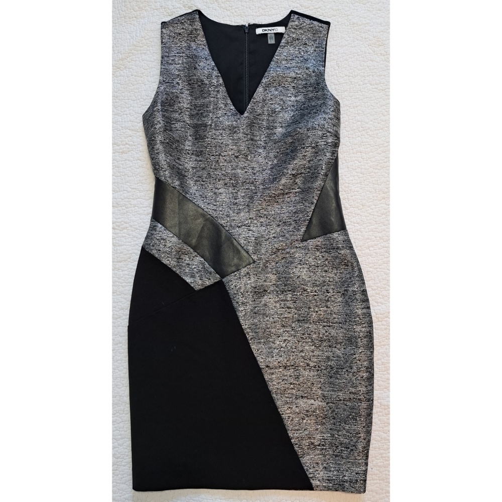 DKNY Black/Silver Dress with Leather Trim